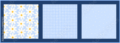 Flower cute seamless pattern set gingham floral and kawaii small. Check spring daisy with print easter pink and girl botanical textile. Background kids flower with stripe design pattern.