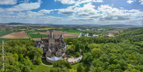 Aerial view of Marienburg Castle, a neo-Gothic castle in Pattensen, Hanover Region, Lower Saxony, Germany