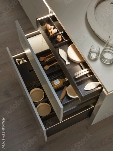 Cutlery set neatly organized in kitchen drawer, forks, knives and spoons in storage tray
