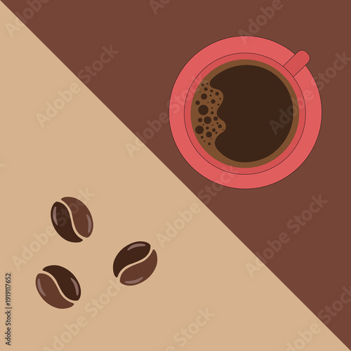 Red cup of black coffe and beans on brown background