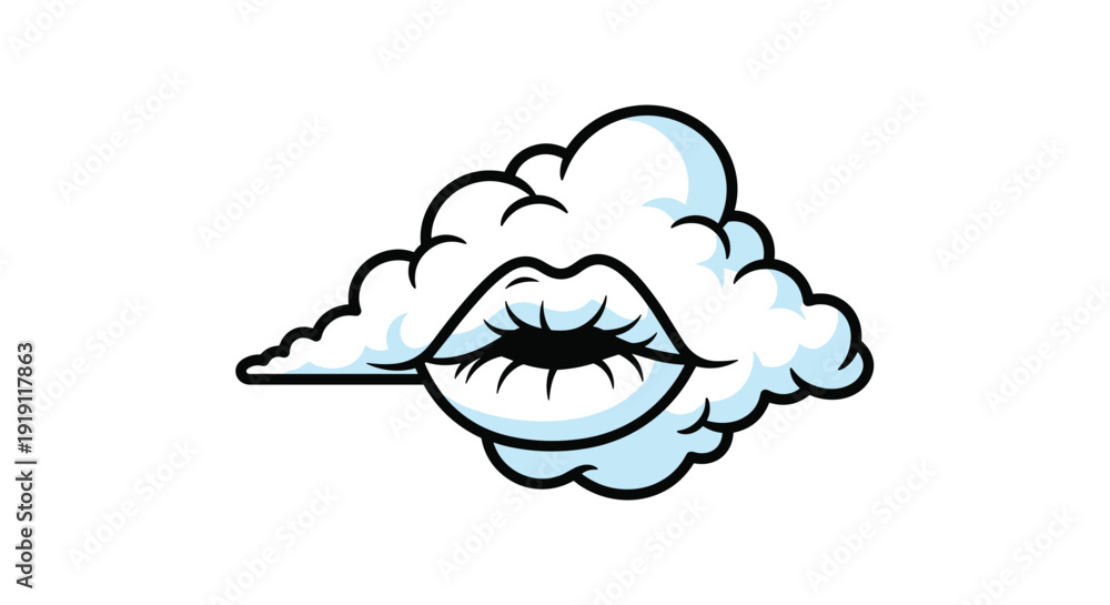 Obraz premium Surreal illustration of a single fluffy white cloud shaped like human lips or a mouth floating against a solid white background space.