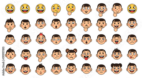 Large collection of emojis depicting a boy with various facial expressions including happy, thinking, angry, and surprised.