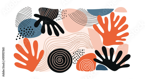 Abstract modern art composition featuring organic shapes, coral like structures, wavy lines, and textured dots in coral, blue and black.