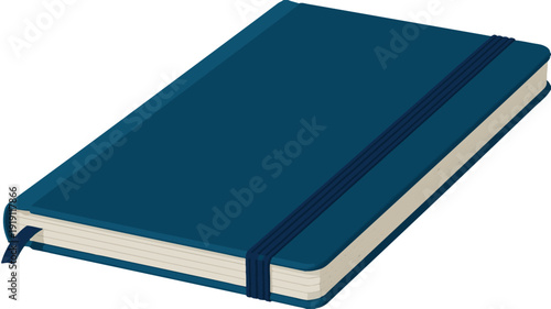 Crisp vector illustration of a closed blue notebook with an elastic band and a bookmark, ideal for various design projects