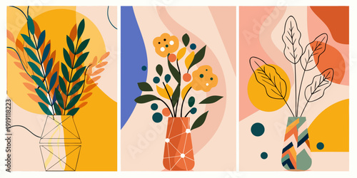 Abstract botanical illustration with colorful shapes and line art florals