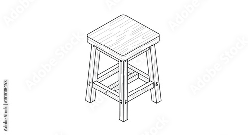 Detailed isometric line drawing of a simple four-legged wooden stool with visible grain texture on a white background.