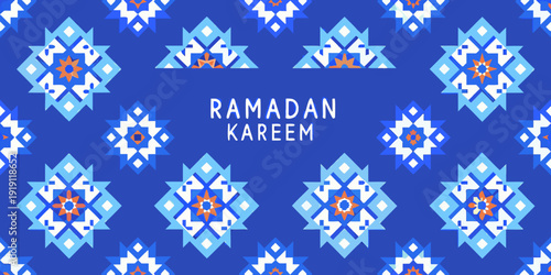 Ramadan kareem greeting with a repeating geometric floral pattern