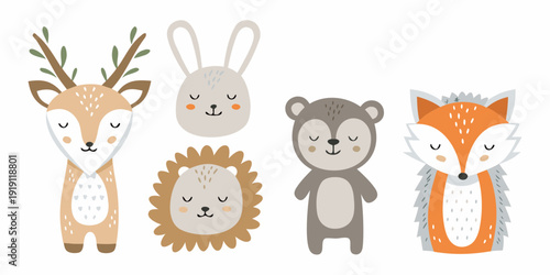 Adorable cartoon animals a deer rabbit fox bear and lion