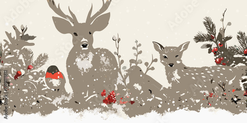 A stylized illustration of deer birds and winter foliage