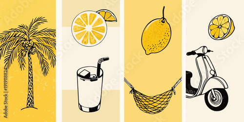 Aesthetic composition featuring summer icons citrus palm trees and leisure