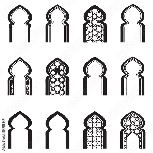 Modern Minimalist Islamic Arch and Mihrab Vector Frame Collection,Mega set of Islamic arch and mosque door silhouettes. Collection of Arabic mihrab frames, oriental gateway borders, and traditional Mu