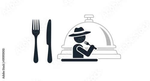 Waiter serving food under a cloche with utensils restaurant service concept