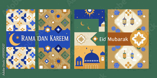 Ramadan kareem and eid mubarak festive greeting card design collection