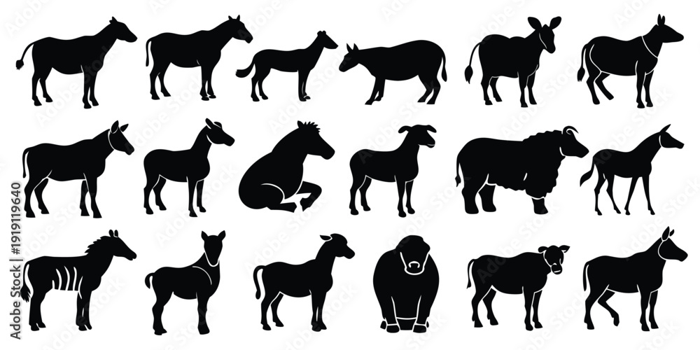 Fototapeta premium Collection of Donkey Silhouettes in Various Poses
