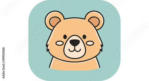 Simple and cute illustration of a brown bear cub face with small ears and rosy cheeks on a soft blue background.