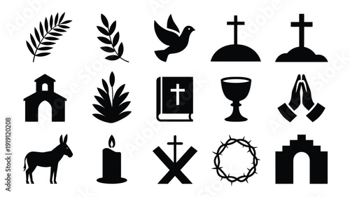 Palm sunday christian symbols and icons set silhouette style religious elements faith and spirituality holy week black on white background