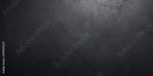 A dark vintage grunge background features a rough textured black concrete wall with a dirty gray stone pattern for an old industrial cement surface backdrop