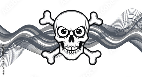 Aggressive looking skull and crossbones illustration with dynamic wavy gray lines on a clean white background.