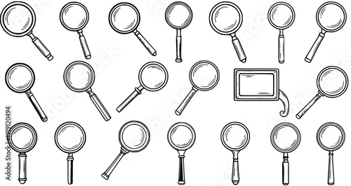 Hand-Drawn Magnifying Glass Collection in Doodle Sketch Style. Various Magnifiers for Search, Investigation, Discovery, and Scientific Concepts.