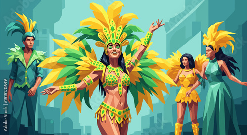 Vibrant dancers in colorful costumes celebrate during a lively street parade with feathered headdresses Low Polygonal