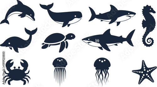 Marine life silhouette collection ocean creatures on white background