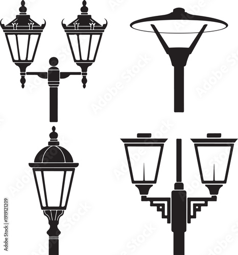 Four distinct black silhouette street lamps showcasing both classic and modern lighting fixture styles