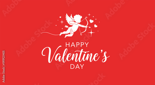 Classic Valentine's day card design with a silhouette of cupid aiming his bow at hearts on a vibrant bright red background.