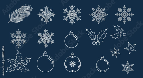 Collection of delicate white line art sketches of snowflakes, Christmas ornaments, and holly leaves on a dark blue background.