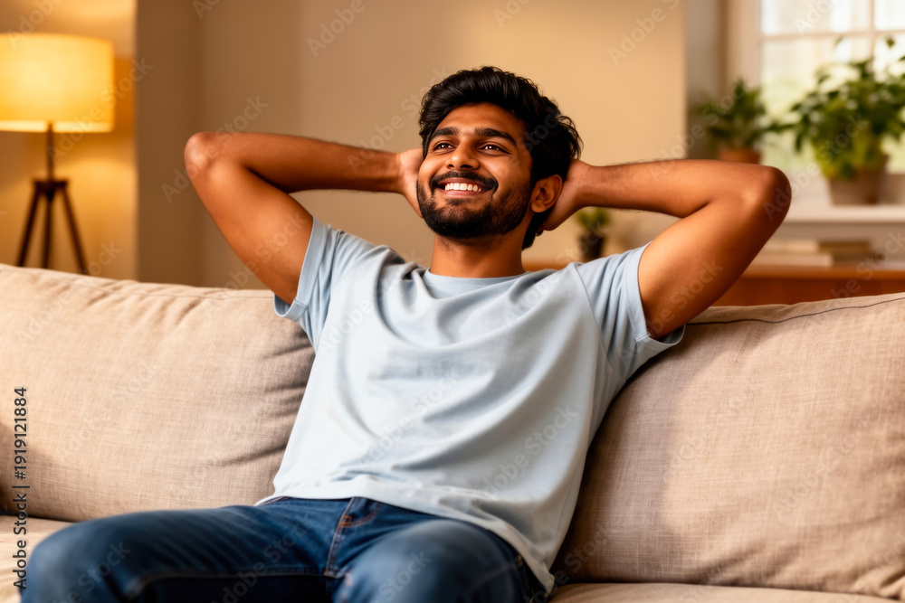 Fototapeta premium Relaxed Indian Young Man Smiling on Beige Sofa with Hands Behind Head, Cozy Daytime Living Room Comfort