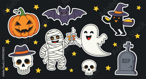 Spooky and cute halloween sticker set featuring a mummy, ghost, bat, pumpkin, skull, and tombstone on a dark starry background.