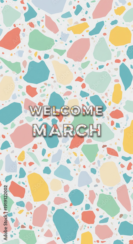 Fototapeta premium Welcome March spring celebration background with colorful confetti and pastel abstract shapes