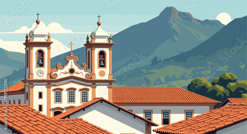 Baroque church with bell towers and tiled roofs against a mountain landscape Low Polygonal