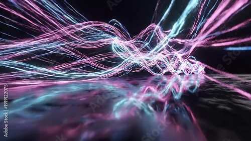 Abstract Digital Lines Reflecting on Surface - Abstract digital lines flow and reflect across a dark, polished surface. The light painting effect creates a modern, futuristic feel.