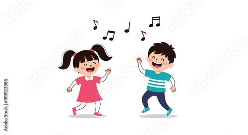 Two happy children, a boy and a girl, dancing and singing together with musical notes floating around them on white background.
