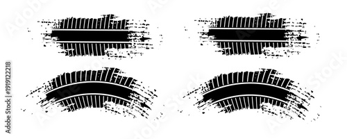 Auto tire tread grunge set. Car and motorcycle tire pattern, wheel tyre tread track. Black tyre print. Vector illustration isolated on white background.