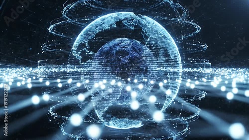 Digital Sphere with Pulsating Wave - A digital sphere radiates bright light and energy waves, surrounded by network connections. The sphere is set against a dark background.