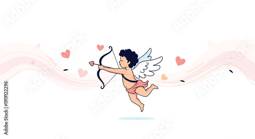 Adorable baby cupid with wings and a bow shooting a heart shaped arrow of love against a pink wavy background.