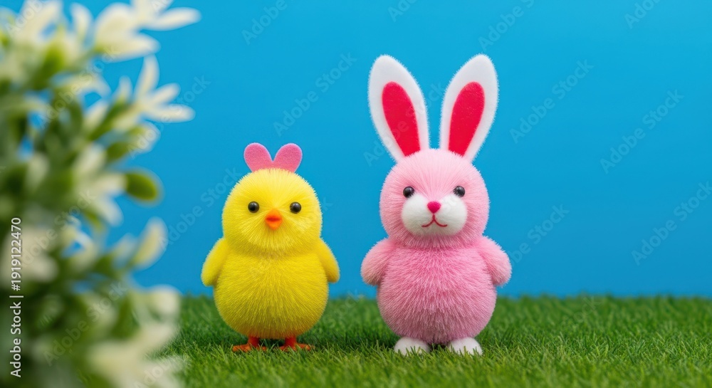 Obraz premium Easter decorations with bunny and chick figurines on grass