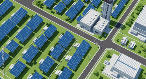 Aerial view of a modern solar power plant with industrial buildings and infrastructure Low Polygonal