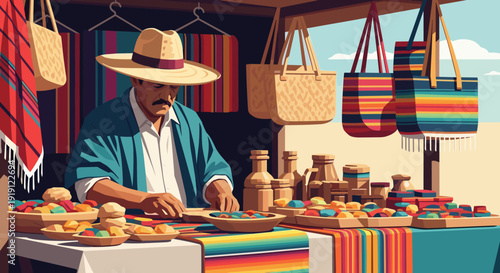 Man in sombrero selling colorful crafts and woven bags at a vibrant market stall Low Polygonal