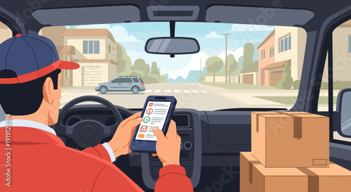 Delivery Driver Using Mobile Phone in Vehicle.