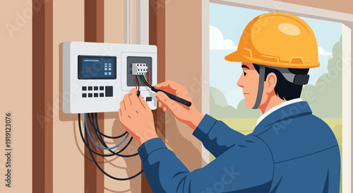 Electrician Installing Security Alarm System.