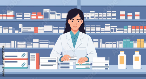 Female Pharmacist Standing Behind Counter Dispensing Medication.