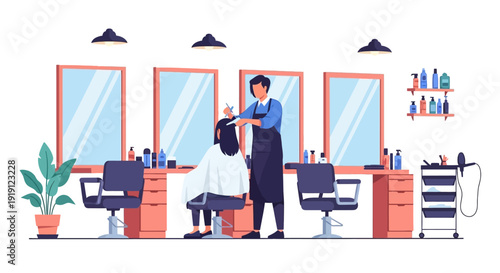 Hairdresser cutting a womans hair in salon.
