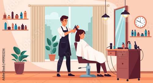 Hairdresser Cutting Womans Hair in Salon.