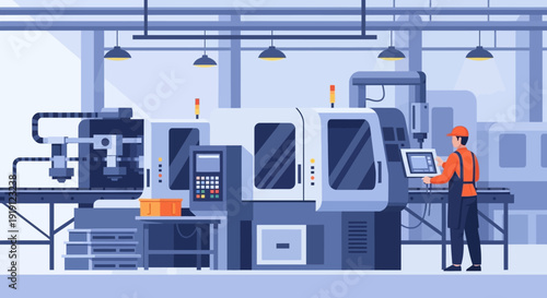 Industrial Worker Operating Machinery in Factory.