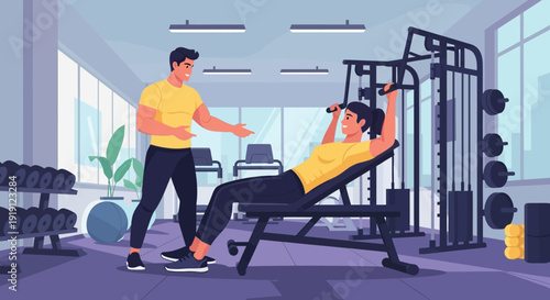 Man Assisting Another Man Lifting Weights.