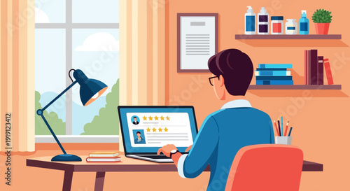 Man Working on Laptop Computer at Desk.