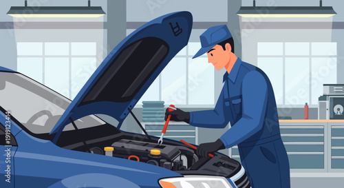 Mechanic Checking Car Engine with Tool.