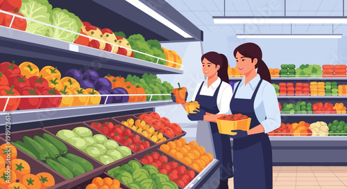 Two Female Grocery Store Workers Inspecting Produce.